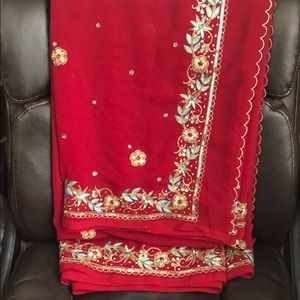 Red chaffon saree with bead and thread work
